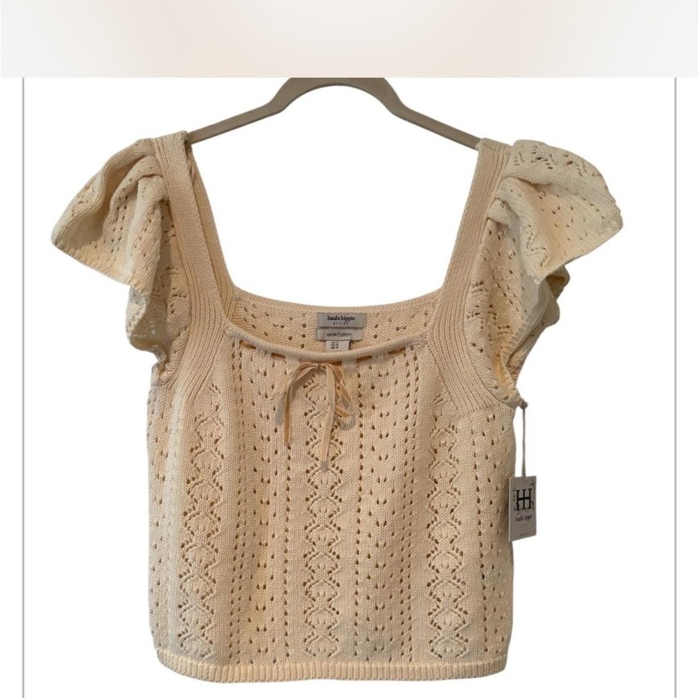 NWT Haute Hippie Cream Knit Puff Sleeve Top Cotton Boho Chic Cropped Size XL - Picture 2 of 6